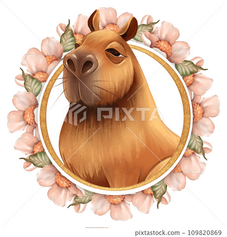 Cute Capybara. Floral animal portrait, isolated on white Cute Capybara. Floral animal portrait, isolated on white 109820869