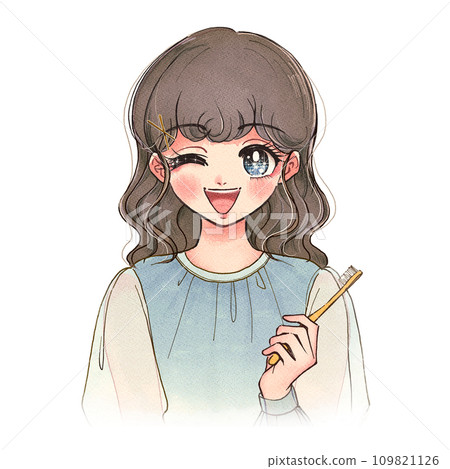 Retro cartoon style illustration of a woman smiling and holding a toothbrush 109821126