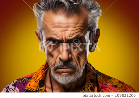 AI-generated content. Sulking senior Latin American man, head and shoulders portrait on yellow background. Neural network generated photorealistic image 109821206