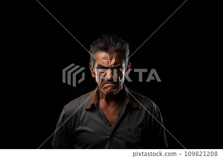 AI-generated content. Sulking senior Latin American man, head and shoulders portrait on black background. Neural network generated photorealistic image 109821208