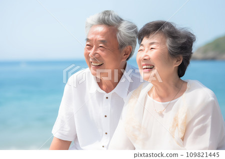日本老年夫婦在海灘微笑“AI生成圖像” 109821445