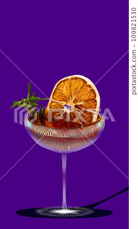 Delicious juicy citrus cocktails. Glass with sweet and sour cocktail over purple background. Creative design. 109821530