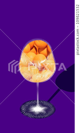 Citrus lemonade and fresh juice. Oranges placed into glass over purple background. Creative design. Citrus lemonade and fresh juice. Oranges placed into glass over purple background. Creative design. 109821532