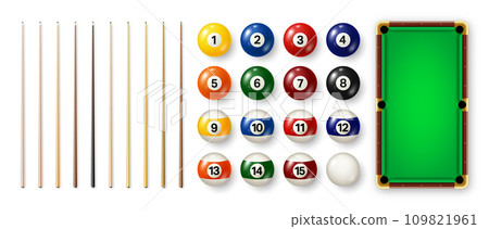 Billiard balls with numbers, various cues and green pool table. Glossy snooker ball. Sports equipment, recreation and hobby, competitive game. Vector illustration 109821961
