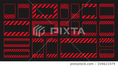 Various red grunge warning signs with diagonal lines. Old attention, danger or caution sign, construction site signage. Realistic notice signboard, warning banner, road shield. Vector illustration Various red grunge warning signs with diagonal lines. Old attention, danger or caution sign, construction site signage. Realistic notice signboard, warning banner, road shield. Vector illustration 109821974