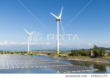 Combining wind power systems and solar power at Houlong Flood Detention Pond in Miaoli, Taiwan. 109822275
