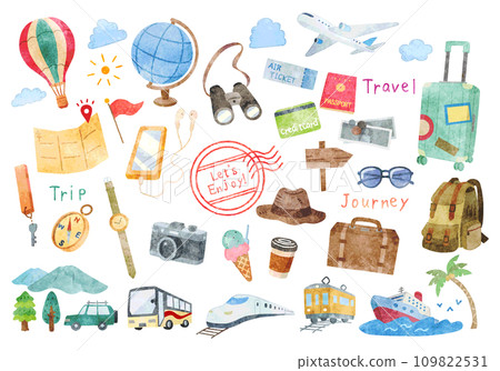 Handwritten watercolor travel travel illustration set Handwritten watercolor travel travel illustration set 109822531