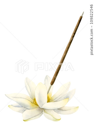 Lotus flower aroma stick stand watercolor illustration isolated on white background. Indian incense stick holder for spa salons designs. Burner for aromatherapy and meditation 109822546
