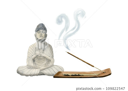 Buddha figurine with burning aroma stick in wooden stand watercolor illustration isolated on white background for spa, relaxation, meditation, wellness and beauty design 109822547