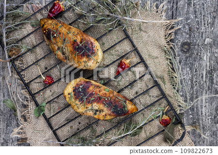 Grilled spicy chicken breast .Top view. Flat lay 109822673