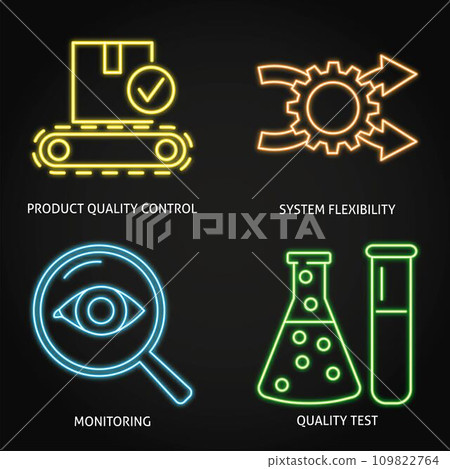Product quality control neon icon set Product quality control neon icon set 109822764