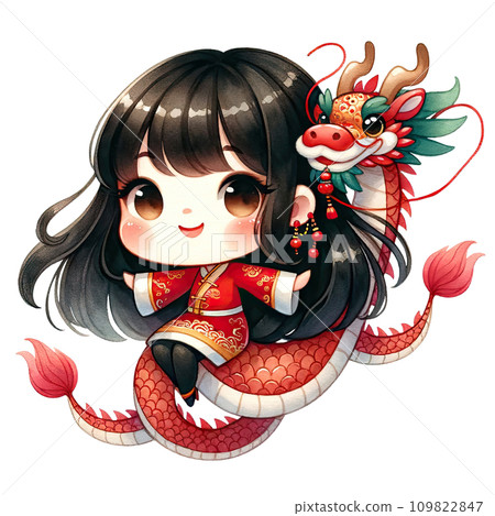 Watercolor Chinese girl wear red qipao dress for lunar new year 109822847