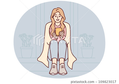 Happy woman sit on stairs drinking coffee Happy woman sit on stairs drinking coffee 109823017