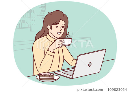 Smiling woman drink coffee work on laptop in cafe Smiling woman drink coffee work on laptop in cafe 109823034