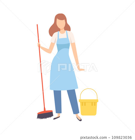 Female Professional Cleaner with Bucket and Broom, Cleaning Company Staff Character Dressed in Uniform with Equipment Flat Vector Illustration Female Professional Cleaner with Bucket and Broom, Cleaning Company Staff Character Dressed in Uniform with Equipment Flat Vector Illustration 109823036