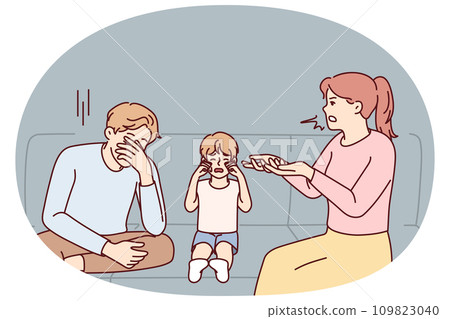 Unhappy child crying with parents fighting Unhappy child crying with parents fighting 109823040