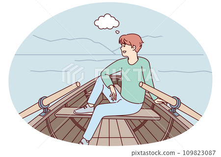 Happy man sit in boat dreaming Happy man sit in boat dreaming 109823087