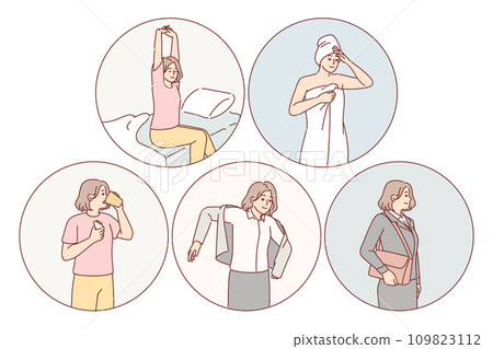 Daily routine of successful woman waking up and taking shower before breakfast and going to work 109823112