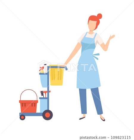 Female Professional Cleaner with Janitor Cart Full of Supplies and Equipment, Cleaning Company Staff Character Dressed in Uniform with Equipment Flat Vector Illustration 109823115