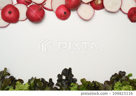 Fresh red lettuce and radishes on white background with copy space. Healthy food concept. Fresh red lettuce and radishes on white background with copy space. Healthy food concept. 109823116
