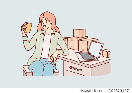 Woman small business owner drinks coffee sitting at table with boxes, takes short break Woman small business owner drinks coffee sitting at table with boxes, takes short break 109823117
