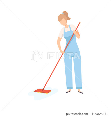 Female Professional Cleaner Mopping the Floor, Cleaning Company Staff Character Dressed in Uniform with Equipment Flat Vector Illustration Female Professional Cleaner Mopping the Floor, Cleaning Company Staff Character Dressed in Uniform with Equipment Flat Vector Illustration 109823119