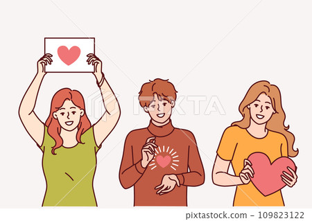 Hearts in people hands showing symbol gratitude and charity, calling for people to become volunteers 109823122