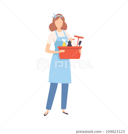 Female Professional Cleaner Standing with Basket of Detergents, Cleaning Company Staff Character Dressed in Uniform with Equipment Flat Vector Illustration 109823123