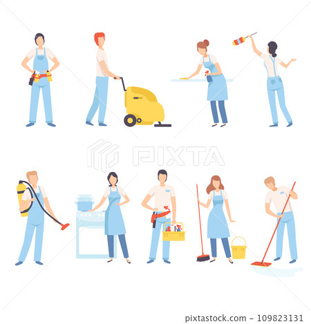 Male and Female Professional Cleaners with Equipment, Cleaning Company Staff Characters Dressed in Uniform Male and Female Professional Cleaners with Equipment, Cleaning Company Staff Characters Dressed in Uniform 109823131