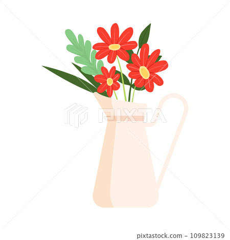 Beautiful Red Flowers in Vase, Bouquet of Blooming Flowers for Interior Decoration Vector Illustration 109823139