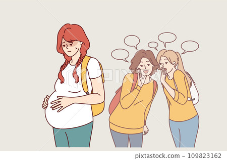 Pregnant teenage woman, victim of bullying, stands near judgmental classmates with backpacks Pregnant teenage woman, victim of bullying, stands near judgmental classmates with backpacks 109823162