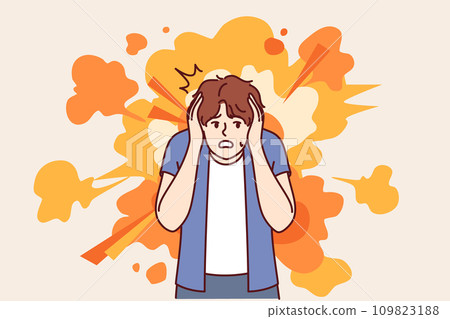 Frightened man gets scared by explosion and covers ears with hands to avoid stunning or concussion Frightened man gets scared by explosion and covers ears with hands to avoid stunning or concussion 109823188