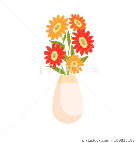 Beautiful Gerbera Flowers in Ceramic Vase, Bouquet of Blooming Flowers for Interior Decoration Vector Illustration 109823192
