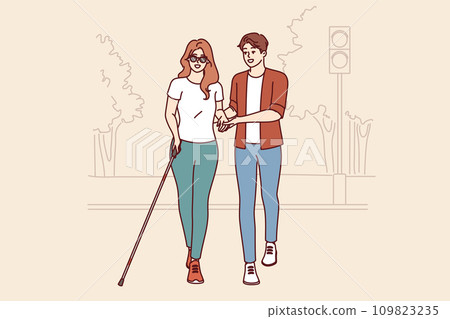 Man helps blind woman walk, enjoying city accessible environment for people with disabilities Man helps blind woman walk, enjoying city accessible environment for people with disabilities 109823235