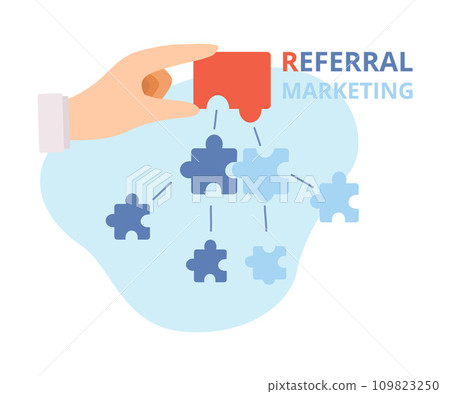 Referral Marketing, Hand Putting Puzzle Pieces, Program Strategy, Customer Database, Refer a Friend, Business Partnership, Blogging Promotion Services Flat Vector Illustration Referral Marketing, Hand Putting Puzzle Pieces, Program Strategy, Customer Database, Refer a Friend, Business Partnership, Blogging Promotion Services Flat Vector Illustration 109823250