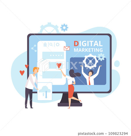 Digital Marketing, Creative Team Working on Web Images, Content and Management Strategy, Teamwork Flat Vector Illustration 109823294