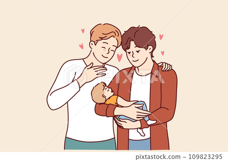 Gay couple holds child in hands and smiles, rejoicing at presence law giving right to adopt children 109823295