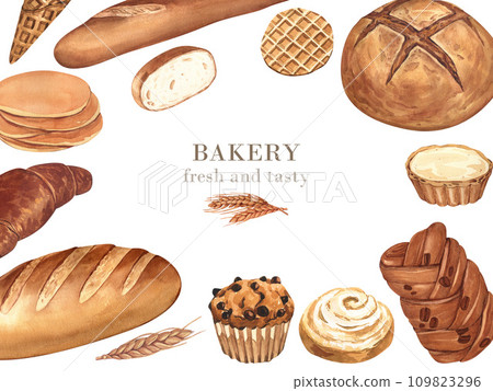 Bakery of wheat flour product. Bread, loaf of rye and french baguette, buns, croissant and wooden rolling pin. Watercolor frame hand-drawn illustration isolated on white background. 109823296