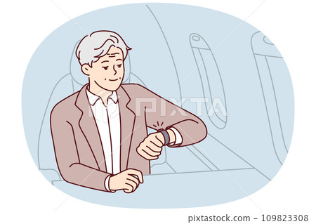 Mature rich man look at clock sitting in plane Mature rich man look at clock sitting in plane 109823308