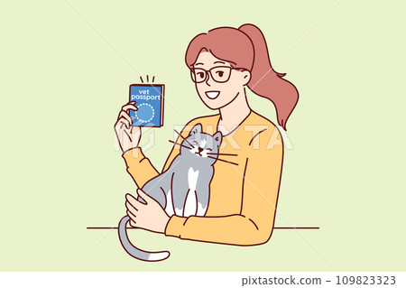 Woman with vet passport strokes cat demonstrating veterinary document that allows to travel with pet 109823323