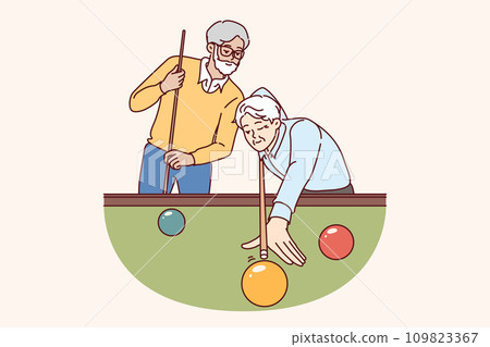 Elderly men play billiards, enjoying favorite hobby that allows spend time with friends  109823367