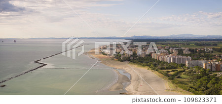 Wonderful aerial shot adriatic coastline and Lido Adriano town Wonderful aerial shot adriatic coastline and Lido Adriano town 109823371