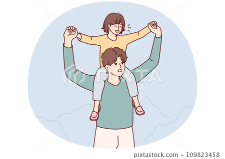 Young happy father with child on shoulders Young happy father with child on shoulders 109823458