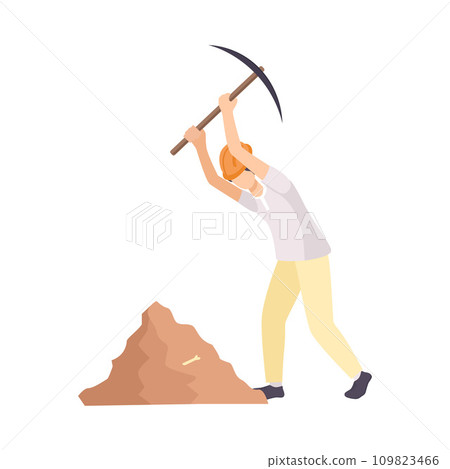Male Archaeologist Scientist Character in Protective Hat Working on Excavations with Pickaxe Flat Vector Illustration Male Archaeologist Scientist Character in Protective Hat Working on Excavations with Pickaxe Flat Vector Illustration 109823466