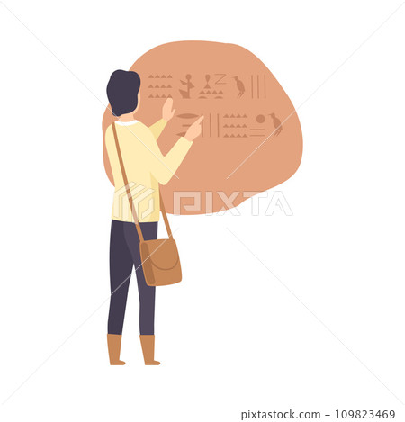 Archaeologist Researching Prehistoric Cave Drawings, Scientist Character Working on Excavations with Historical Artifacts Flat Vector Illustration 109823469