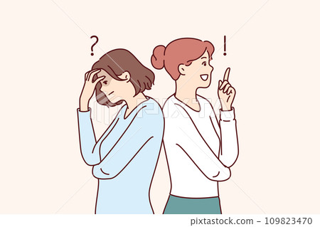 Two women solving same problem experience different emotions standing with backs to each other 109823470