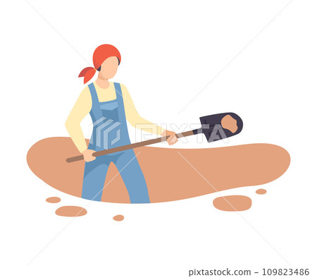 Female Archaeologist Digging Soil with Shovel, Scientist Working on Excavations Flat Vector Illustration Female Archaeologist Digging Soil with Shovel, Scientist Working on Excavations Flat Vector Illustration 109823486