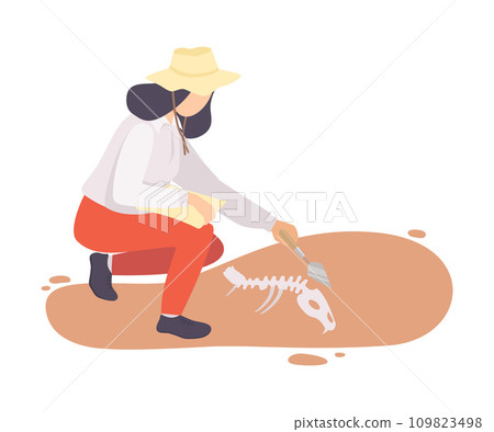 Female Archaeologist Sweeping Dirt from Bones of Prehistoric Animal Skeleton Using Brush, Paleontology Scientist Character Working on Excavations with Historical Artifacts Flat Vector Illustration Female Archaeologist Sweeping Dirt from Bones of Prehistoric Animal Skeleton Using Brush, Paleontology Scientist Character Working on Excavations with Historical Artifacts Flat Vector Illustration 109823498