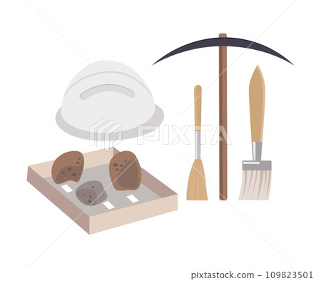 Archaeological Excavation Tools and Prehistoric Fossils, Pickaxe, Brush, Ceramic Crocks Flat Vector Illustration 109823501