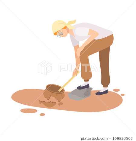 Female Archaeologist Researching and Measuring Ancient Amphora, Scientist Character Working on Excavations with Historical Artifacts Flat Vector Illustration 109823505